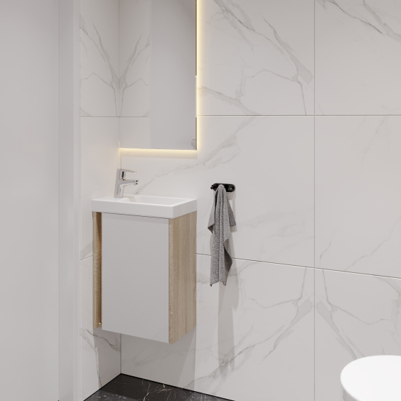 Тумба AQUARIUS Fine 40 см Дуб Сонома/Білий підвісна з умивальником Комо 40 Тумба AQUARIUS Fine 40 см Дуб Сонома/Білий підвісна з умивальником Комо 40